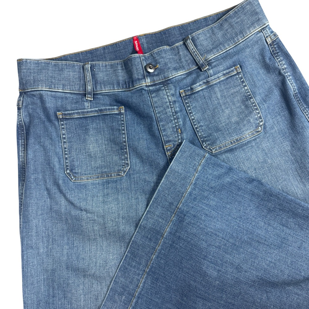 Spanx Wide Leg Crop Jeans Women 2X Petite Blue Denim Patch Pocket High Rise